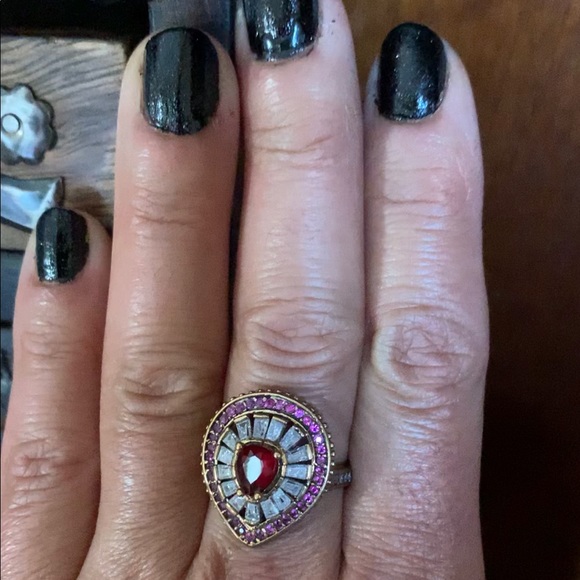 Teardrop Ruby Topaz & Crystal Baguettes Oval Cocktail Accent Ring Size 8 - Picture 6 of 11
